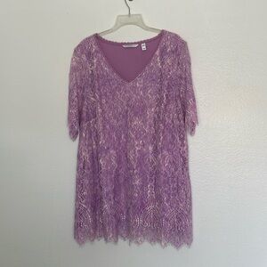 Isaac Mizrahi Live! Pink V Neck Short Sleeve Lace Stretch Top Blouse Size 3X 3XL